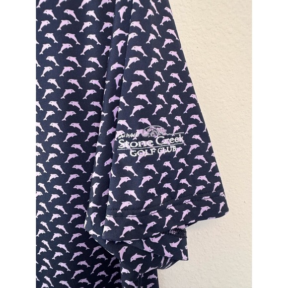 FOOTJOY Men's Size L Blue‎ Pink Lisle Leaping Dolphins Print Golf Polo Shirt - Picture 2 of 6